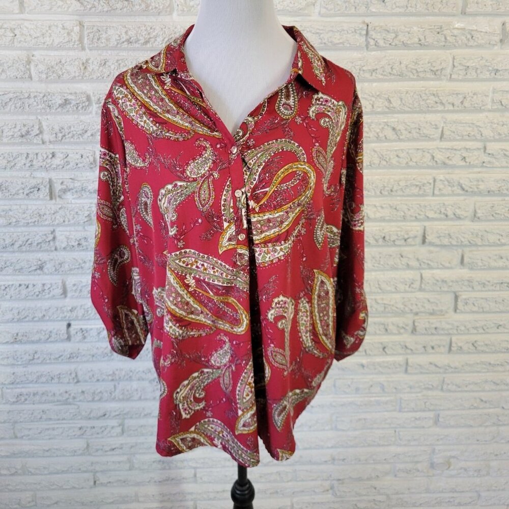 Rebecca Malone Womens Top 1X Plus Roll Tab Sleeve Burgundy Paisley PAI76XE